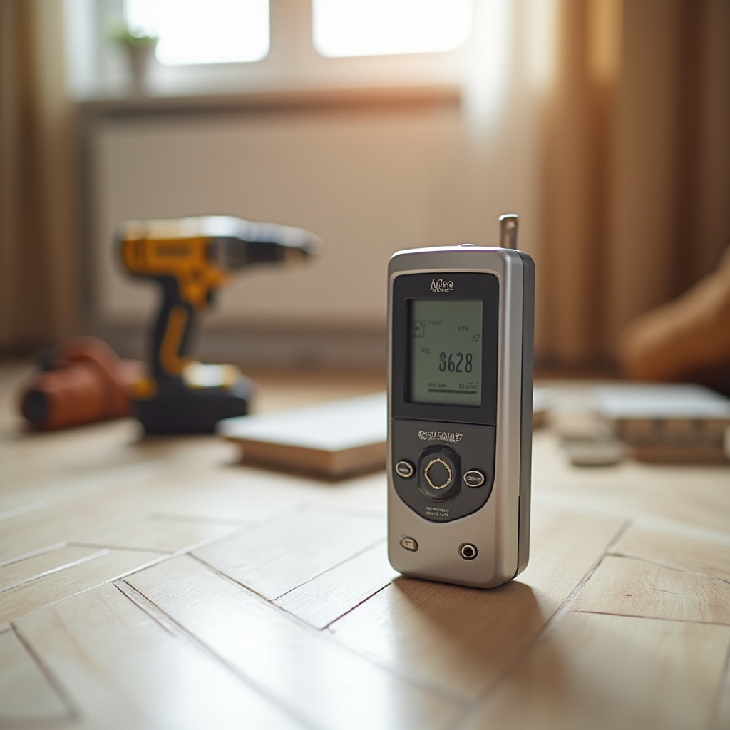 Sound level meter placed on a floor in a Polish apartment during renovation work measuring decibel levels