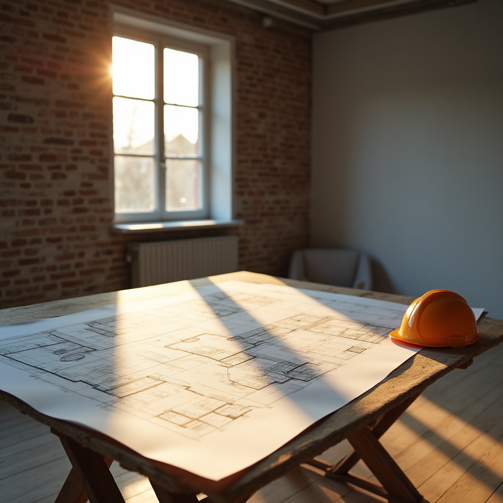 Overview of a Polish apartment renovation project showing exposed walls and planning documents