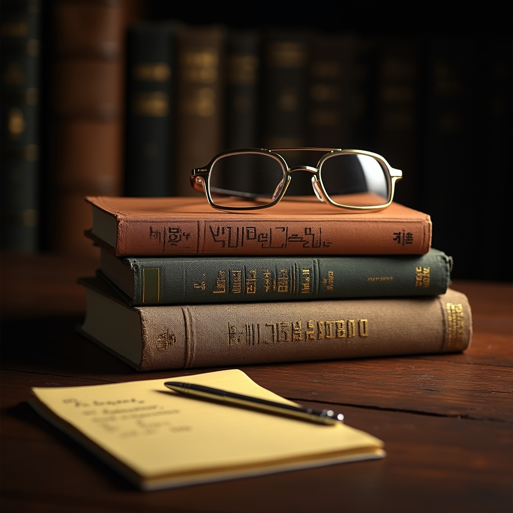 Stack of Polish building law books and legal codes on a wooden desk with reading glasses and a notepad