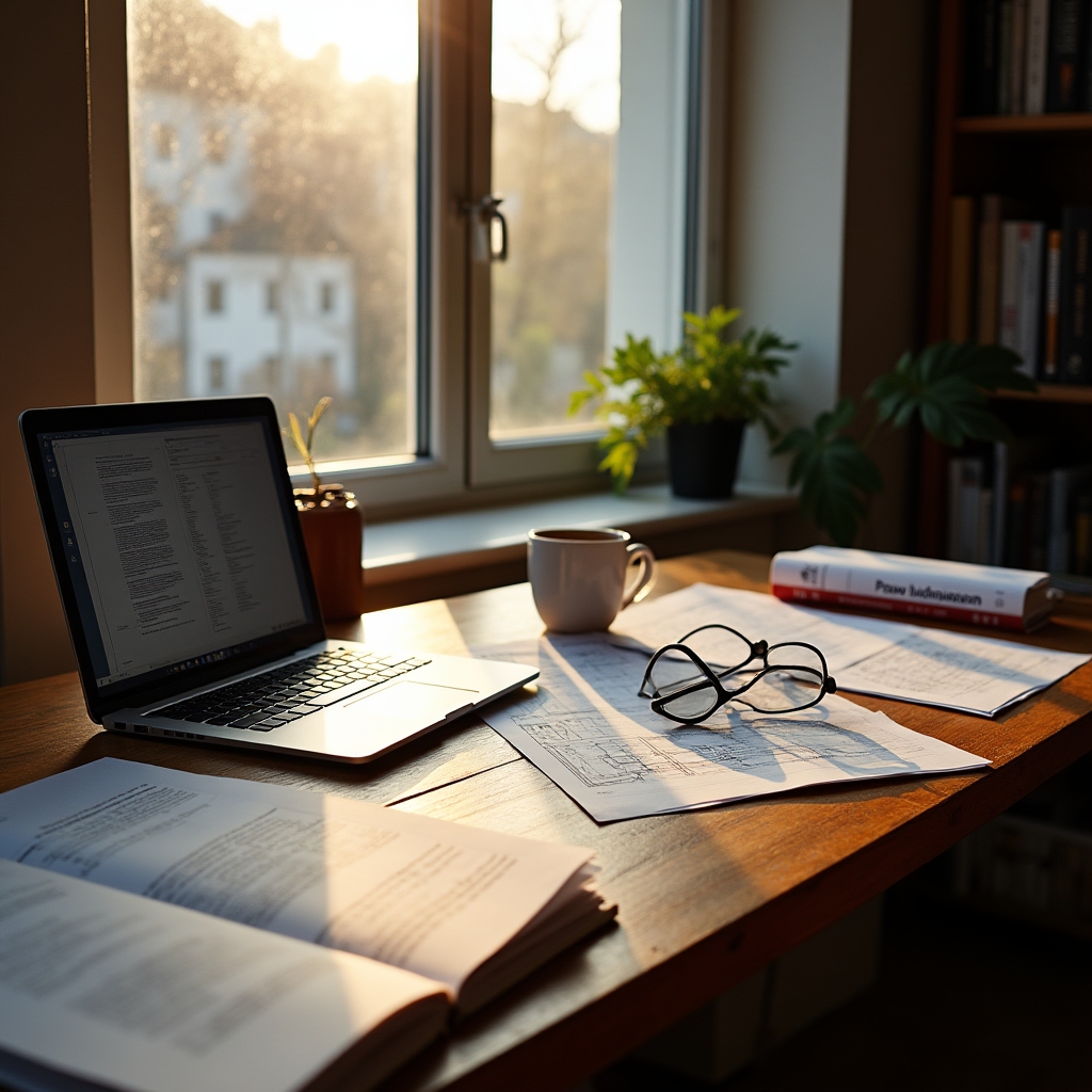Workspace with Polish building regulations documents, architectural drawings, and a laptop open to legal texts