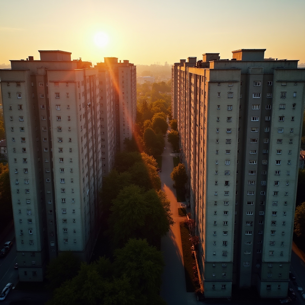 Aerial view of Rzeszów city center showing residential apartment buildings and urban landscape in warm afternoon light